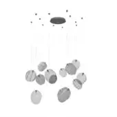 Orb chandelier with gray striped fabric spheres suspended from a circular ceiling mount in a white studio setting.