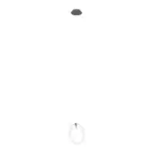 Ceiling lamp, white molded shade, irregular circular form, slender white cord, dark gray mount, minimalist studio lighting, monochromatic palette.
