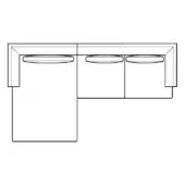 Sectional sofa line drawing, black and white, L-shape configuration with three back cushions on longer section, modern design.