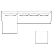 Modular sofa schematic, black lines on white, L-shape with ottoman, circular cushions, minimalist design, technical illustration.