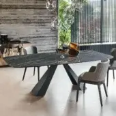 Stunning Cattelan Italia Eliot Keramik table with glossy Sahara Noir Marmi ceramic top and graphite embossed lacquered steel base