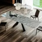 Distinguished Cattelan Italia Eliot Keramik table with Marmi ceramic alabastro top and titanium embossed lacquered steel pedestals in dark matte finish
