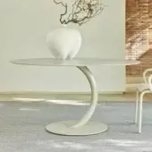 Sophisticated Varaschin Flexion table with round HPL top and curved pedestal built in light gray or off-white powder coating varnish