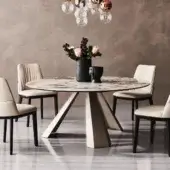 Elegant Cattelan Italia Eliot Keramik table with marbled ceramic top and embossed lacquered steel pedestal base