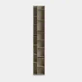 Shelving unit, warm gray, asymmetrical modular design with rectangular shelves and a matte, textured finish against a light gray backdrop.