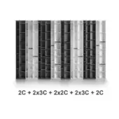 Modular shelving unit, white and black, rectangular modules arranged linearly with “2C + 2x3C + 2x2C + 2x3C + 2C” label below.