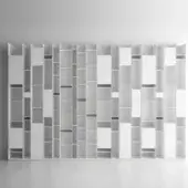 Modular shelving unit, white painted wood, asymmetrical box arrangement with gray interior accents and minimalist design.