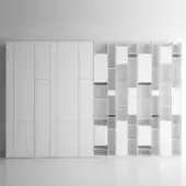 Modular storage system, white laminate, horizontal cabinet and open shelving composition against a white wall, featuring recessed panels and cubbies.