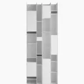 White MDF modular shelving unit, Gallery Random Collection Box Min by MDF Italia, asymmetrical geometric design with open & closed compartments.
