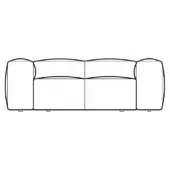 Modular sofa line drawing, black on white, showing rounded armrests, low profile, and recessed square base, contemporary design.