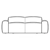 Three-seater sofa, black line drawing, rounded contemporary design with padded armrests, curved backrest, and square legs.