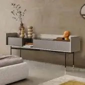 Elegant Ditre Italia Dialogo sideboard with light gray textured wood and dark gray drawer fronts, built with a black metal base