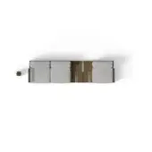 Modular sofa light gray fabric, dark wood console, rectilinear form, studio shot; small square side table nearby.