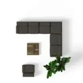 Modular sofa plan in dark gray fabric features L-shape sectional, square side table, armchair, and potted plant on white background.