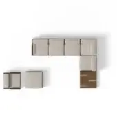 Beige modular sectional sofa with walnut trim, L-shape configuration, square ottomans, and integrated rectangular storage unit, product rendering.
