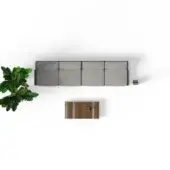 Modular sofa light gray fabric, dark wood side table, potted plant, and light brown console table on white background.