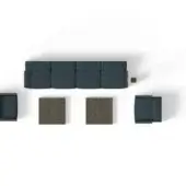Furniture plan: teal modular sofa with six sections, two armchairs, two light brown textured coffee tables, and a dark wood side table.