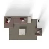 Modular sofa in burgundy fabric with gray and red pillows, marble coffee table, gray area rug, and light gray armchair in a minimalist living room.