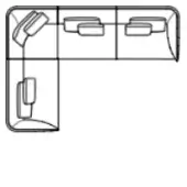 Corner desk schematic with black lines on white, featuring three binder clip icons and a telephone handset icon within cutouts.