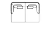 Two-seater sofa schematic, black lines on white, rounded back and armrests with rectangular inset handles, symmetrical boxy shape.