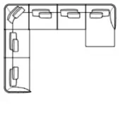 Corner desk schematic, black lines, minimalist design with three sections, rounded edges, and integrated cable management ports on white background.