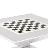Scaccomatto chessboard on clear acrylic table, square grid pattern, white frame, light gray surface, rectangular supports, studio lighting.