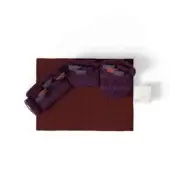 Modular sofa, burgundy fabric, square cushion with textured purple weave accents and brown edge banding, white marble tile detail.