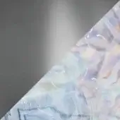 Iridescent plastic film texture, pale blue and lavender hues, swirling striations, gray triangular contrast, frosted surface, “iride fumé mix” text.