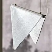 Triangular glass pendant light, frosted texture, layered design suspended by white cords against a neutral backdrop.