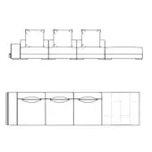 Sectional sofa technical drawing, linear arrangement, four modules, square cushions, recessed panels, grid pattern, white background.