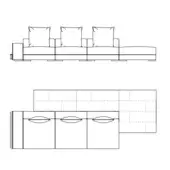 Modular sofa technical drawings, CAD rendering, minimalist design, L-shape plan view, rectangular cushions, recessed oval handles, white background.