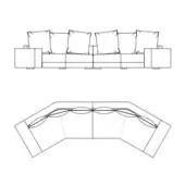 Modular sofa technical drawings, white background, showing rectangular form, square legs, U-shape sectional, and cushion arrangement.