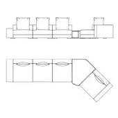 Sectional sofa line drawing, white background, showing linear and corner configurations with square and rounded cushions, plus rectangular ottoman.