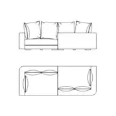 Sectional sofa black and white line drawing, L-shape with high back, square cushions, tie details, wide armrests, and square legs.