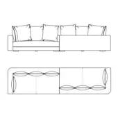 Sectional sofa line drawing, L-shape, black on white, showing cushion arrangement and internal structure with curved lines and rectangular silhouette.