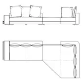 Modular sofa technical drawings showing a three-seat and corner section with quilted detailing, rounded arms, and square cushions.