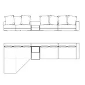Sectional sofa technical drawing, modular L-shape, low profile cushions, wave-pattern base, integrated storage, black lines on white background.