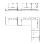 Modular sofa technical drawing, linear and L-shape views, textured upholstery, wood legs, storage unit, black lines on white background.