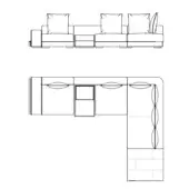 Modular sofa composition line drawing, featuring low rectangular bases, square cushions, and an L-shape sectional with integrated drawers.
