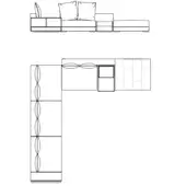 Modular sofa system Stillux, technical drawing, L-shape configuration, low profile, stacked corner section, geometric forms, white background.