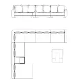 Sectional sofa technical drawing, black lines on white, L-shape modular design with cushions, throw pillows, and adjacent media console.