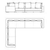 Sectional sofa line drawing, L-shape configuration, boxy armrest, square cushions, modular construction, smooth upholstery, white background.