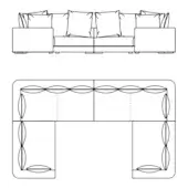 Modular sofa technical drawing, white background, corner sectional, boxy arms, tufted backrest, contemporary design, plan and elevation views.