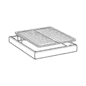Bed frame, black and white line drawing, rectangular shape with lift-up storage, slatted base, metal grid, integrated box construction.