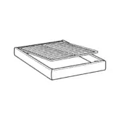 Otello queen bed frame, black line drawing, rectangular platform with slatted headboard, technical illustration on white background.