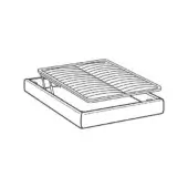 Otello queen bed frame, black line drawing, rectangular base with raised slatted platform and visible metal support framework.