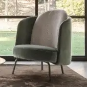 Elegant Ditre Italia Lucia lounge chair with muted green velvety textile and woven light beige backrest with dark metal legs