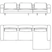 Modular sofa line drawing, rectangular form, three cushions, dark legs, sectional configuration, chaise lounge, recessed panel detail.