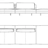 Modular sofa 10011 t soho technical drawing, three-section configuration, rectangular cushions, cylindrical legs, monochromatic.