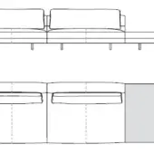 Sectional sofa, light gray fabric, modular design with three components; technical line drawing, side and top views shown.